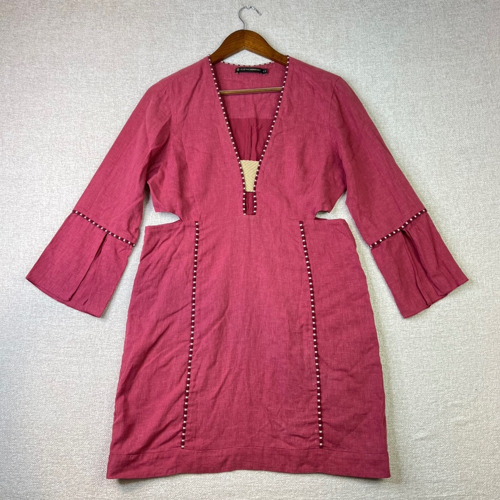 ViX Paula Hermanny Mini Dress Large Linen Cutout Bell Sleeve Berry Pink